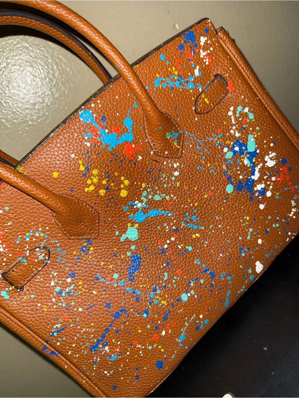 Brown Floral Paint-Splatter Satchel Handbag